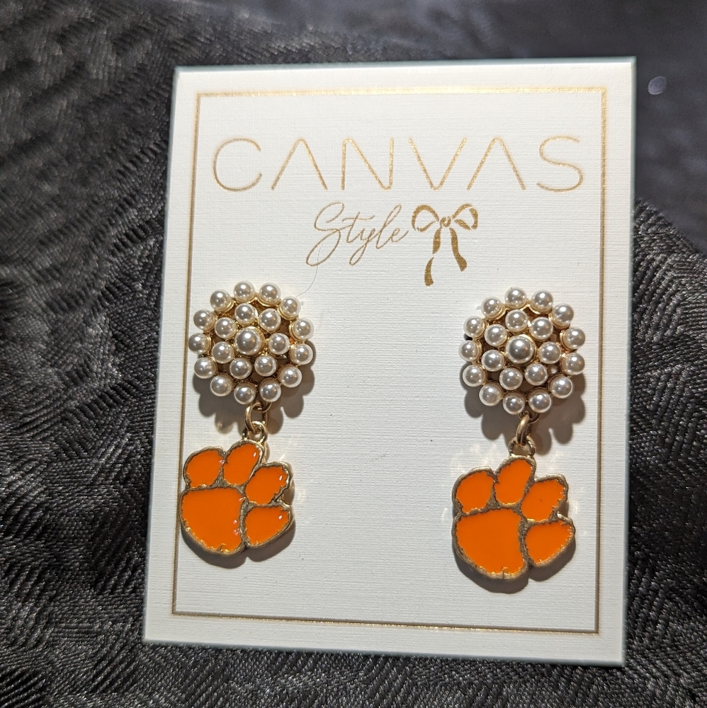 Clemson Paw Logo Canvas Style Earrings.